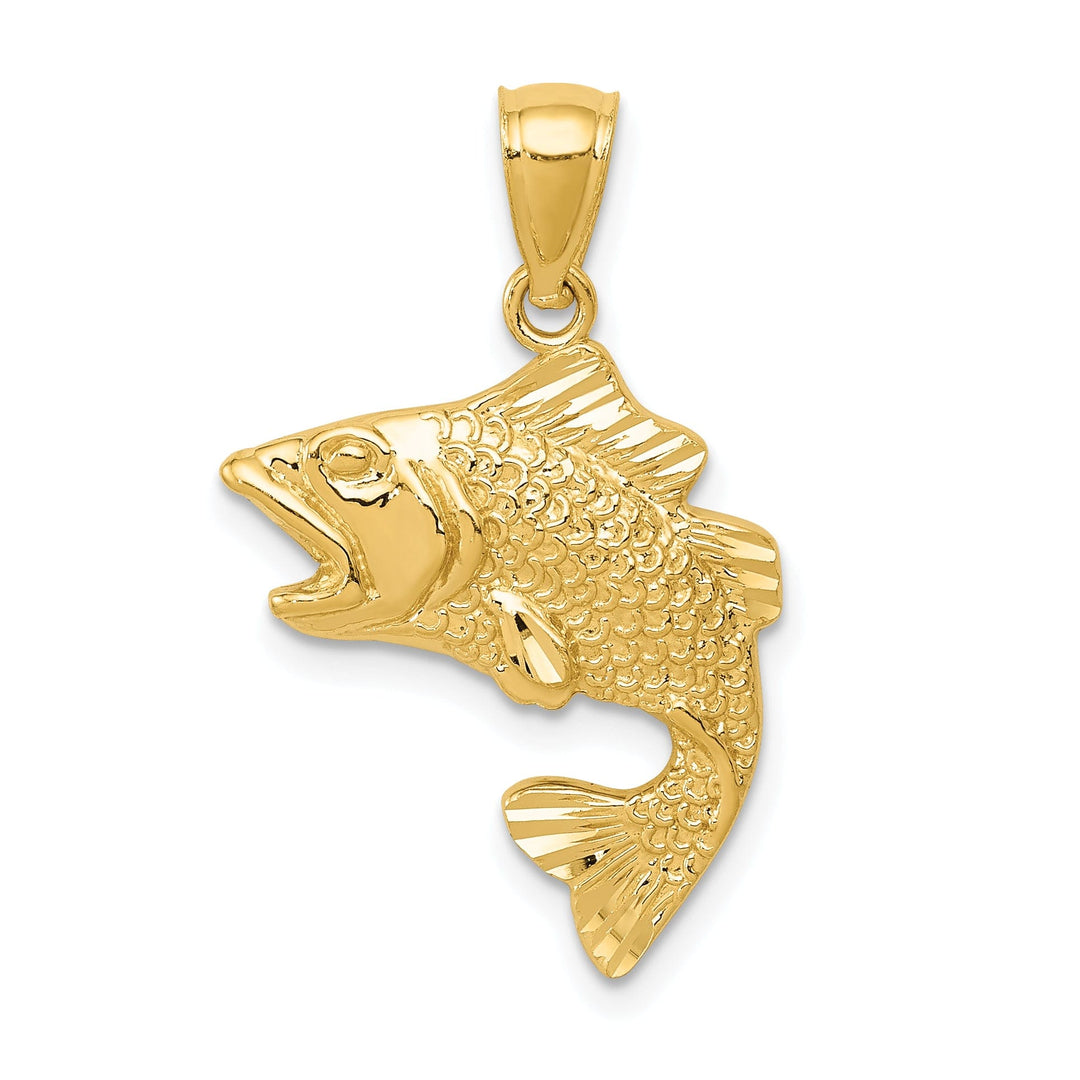 14k Yellow Gold Textured Polished Solid Finish Open Mouthed Bass Fish Charm Pendant