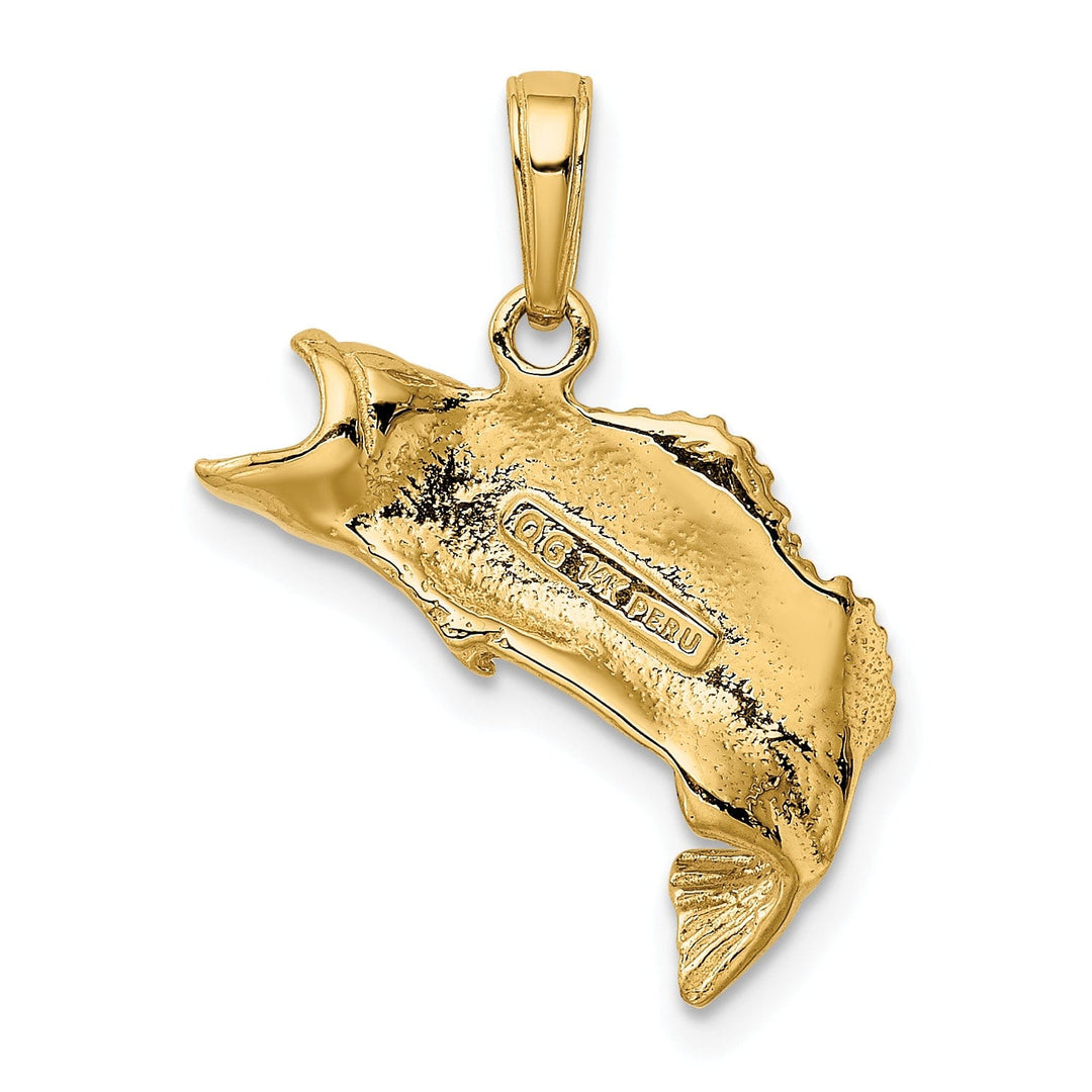 14k Yellow Gold Solid Polished Textured Finish Bass Fish Jumping Charm Pendant
