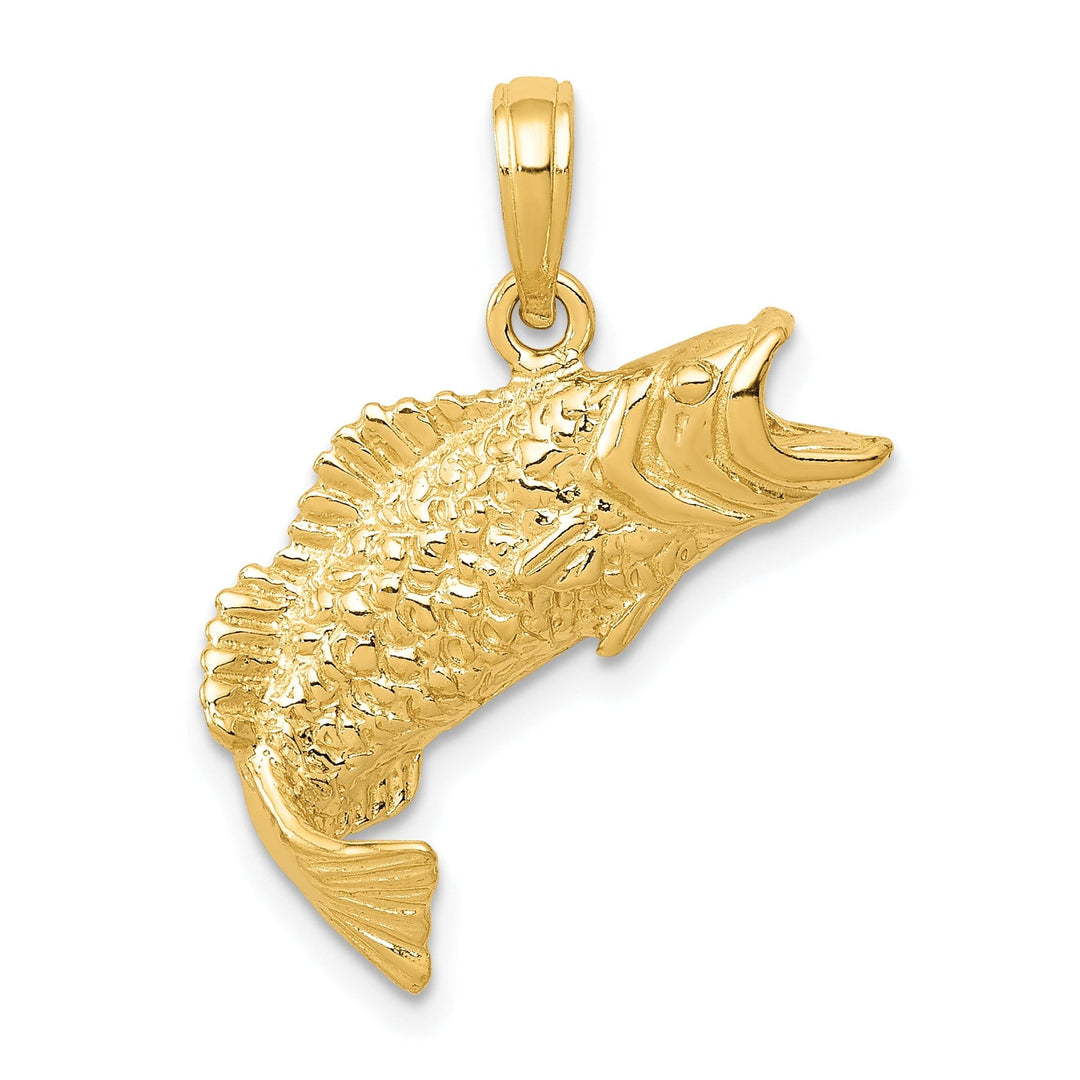 14k Yellow Gold Solid Polished Textured Finish Bass Fish Jumping Charm Pendant