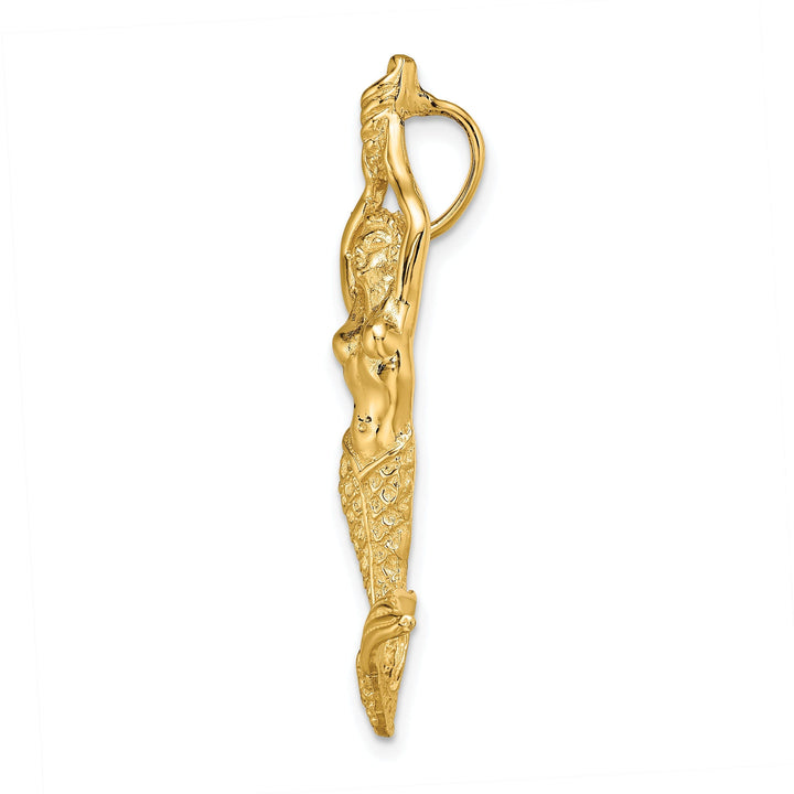14K Yellow Gold Polished Textured Finish Open Back Mermaid Chain Slide Pendant Will Not Fit Omega