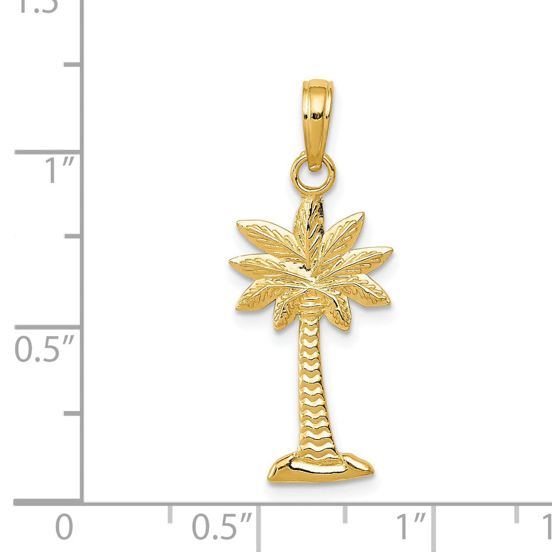 14K Yellow Gold Polished Textured Finish Open Back 2-Dimensional Palmetto Palm Tree Charm Pendant