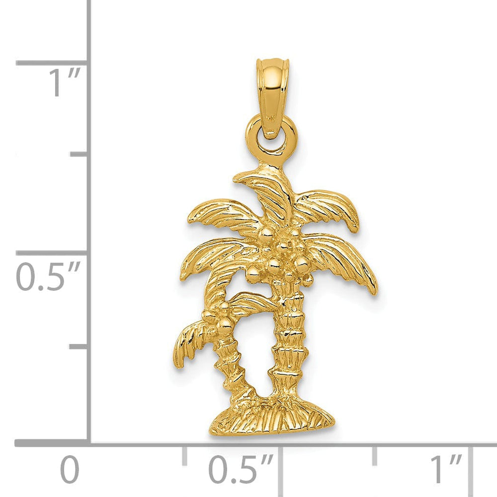 14K Yellow Gold Polished Textured Finish Soild Double Palm Trees Design Charm Pendant