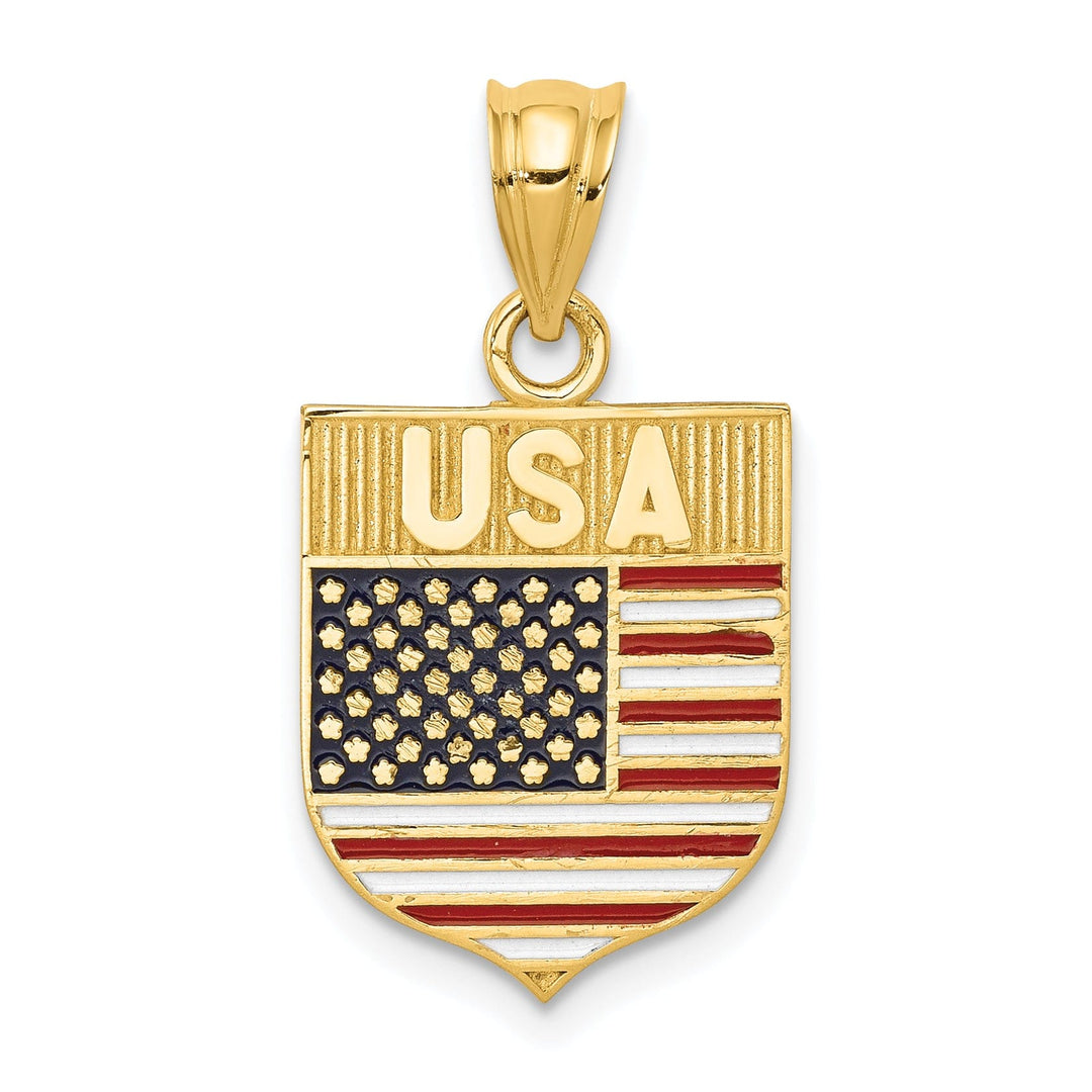 14k Yellow Gold Textured Polished Red, White, & Blue Enamel Finish U.S.A Flag Charm Pendant