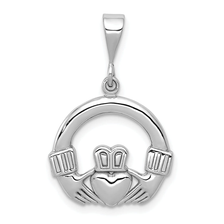 14k White Gold Solid Textured Polished Finish Claddagh Design Charm Pendant