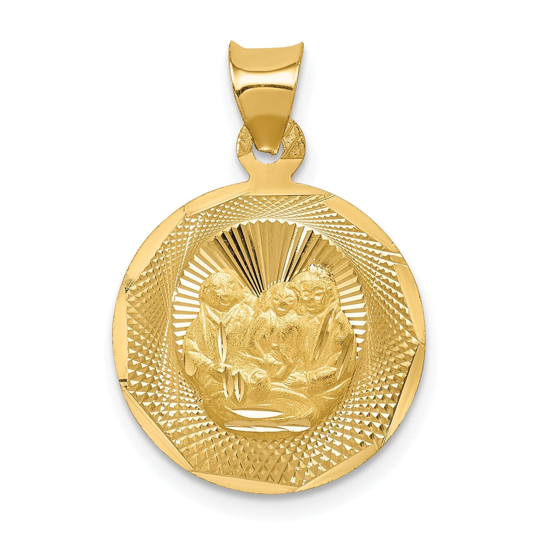 14k Yellow Gold Baptism Circle Medal Pendant. Engraving fee $22.00.