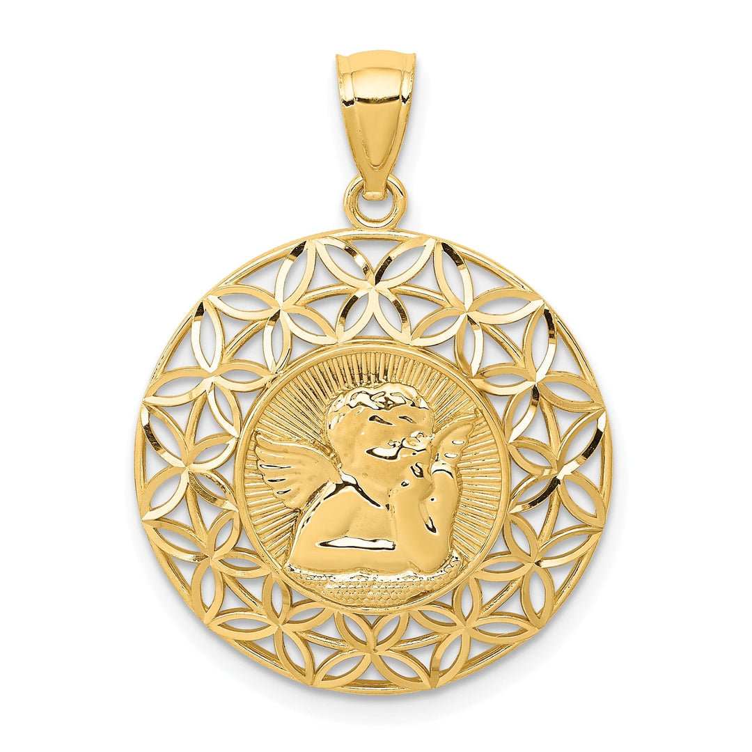 14k Yellow Gold Polished D.C Finish Solid Concave Angel Medal Pendant