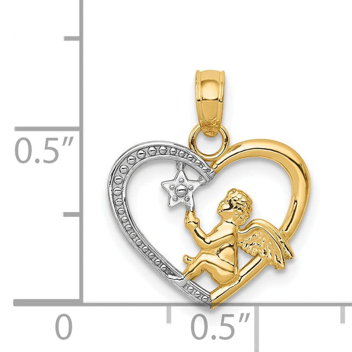 14K Yellow Gold White Rhodium Concave Angel in Heart with Star Pendant