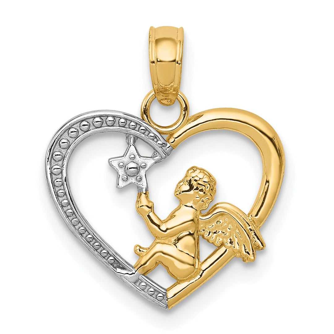 14K Yellow Gold White Rhodium Concave Angel in Heart with Star Pendant