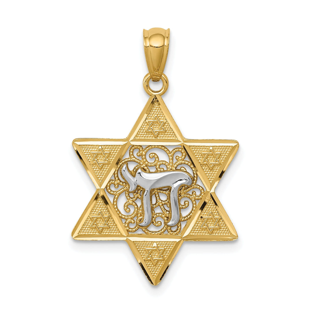 14k Yellow Gold Rhodium Polish Star of David with Chai Design Pendant