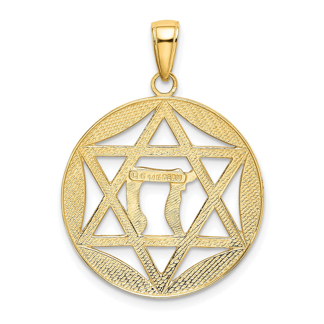 14K Yellow Gold Star of David with Chai Design Round Shape Pendant