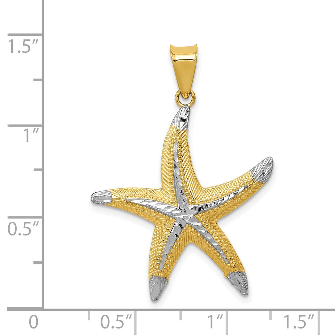 14K Yellow Gold White Rhodium Solid Diamond Cut Polished Finish Starfish Charm Pendant