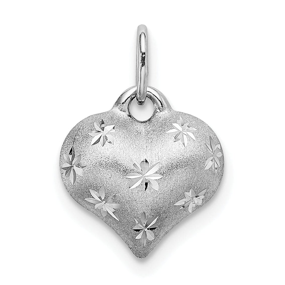 14k White Gold Satin Diamond Cut Finish 3-Dimensional Puffed Heart Shape Design Charm Pendant