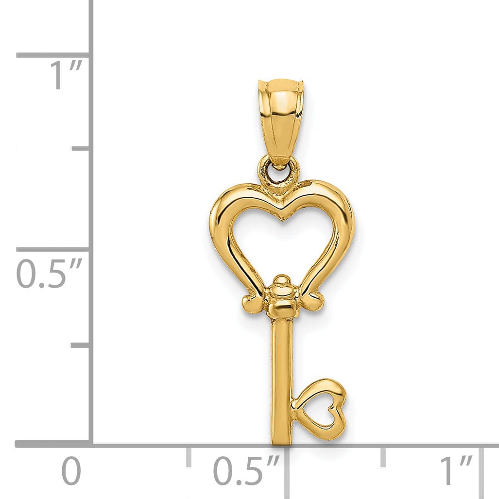 14k Yellow Gold Polished Finish Solid 3-D Heart Design Key Charm Pendant