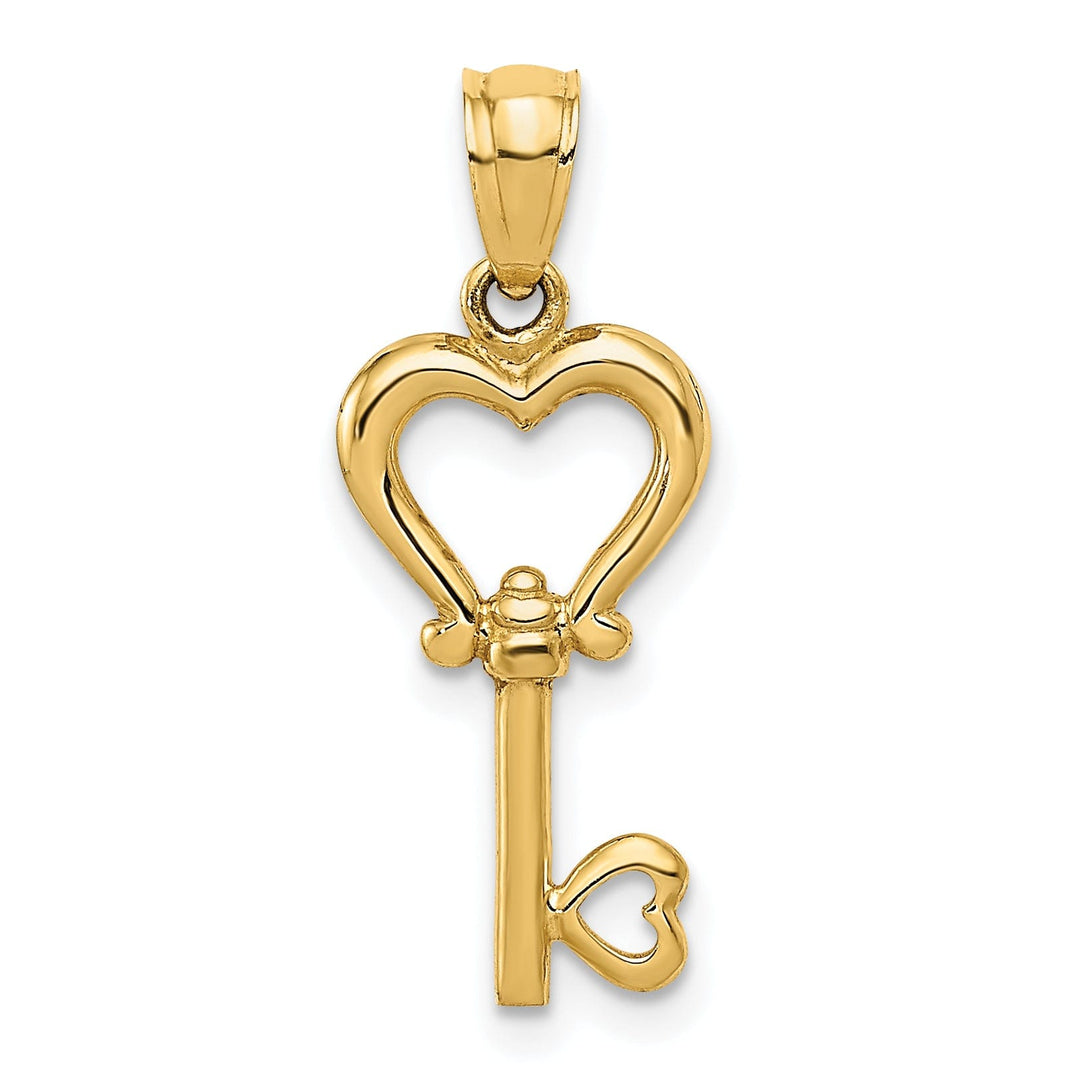 14k Yellow Gold Polished Finish Solid 3-D Heart Design Key Charm Pendant