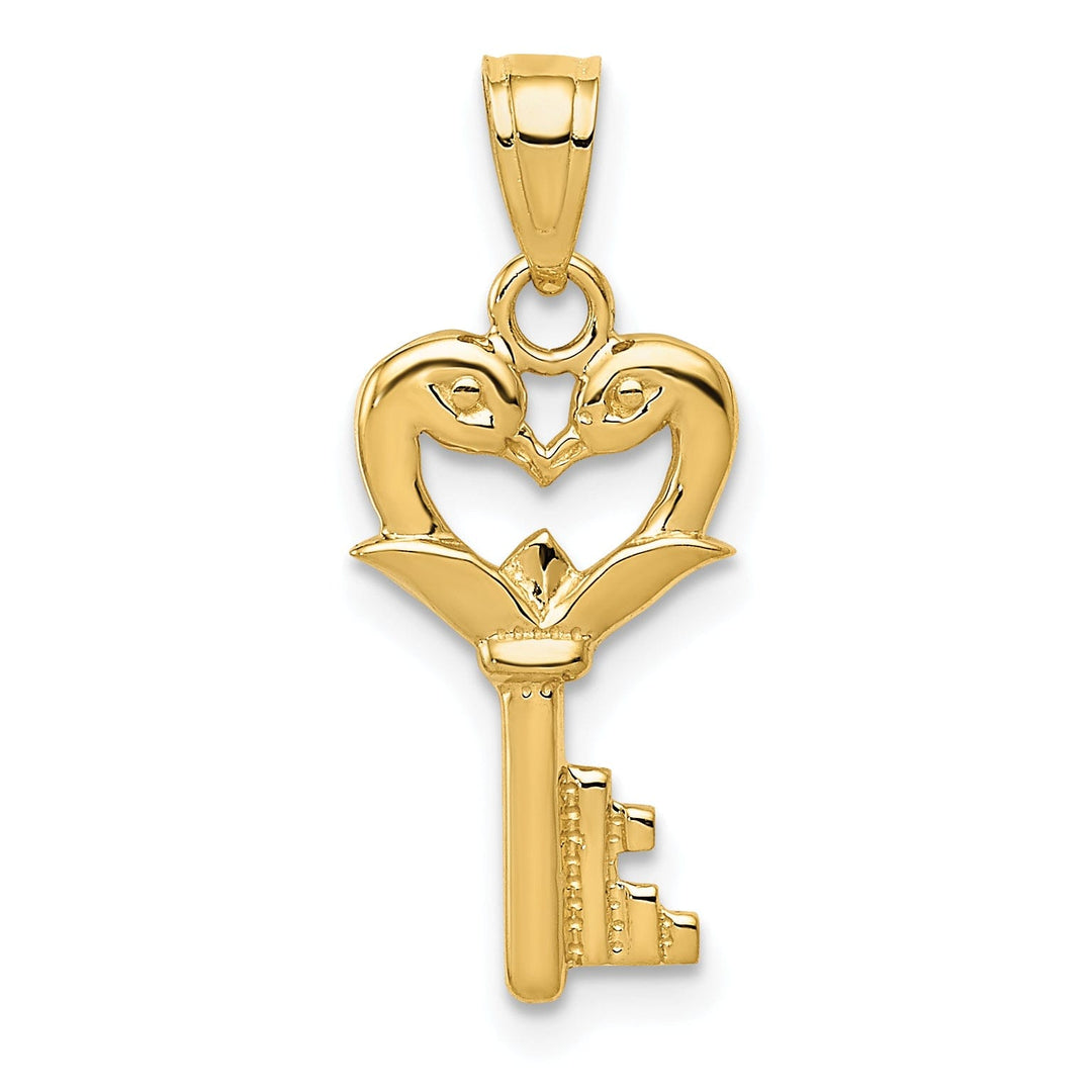 14K Yellow Gold Swans Heart Key Design Charm Pendant