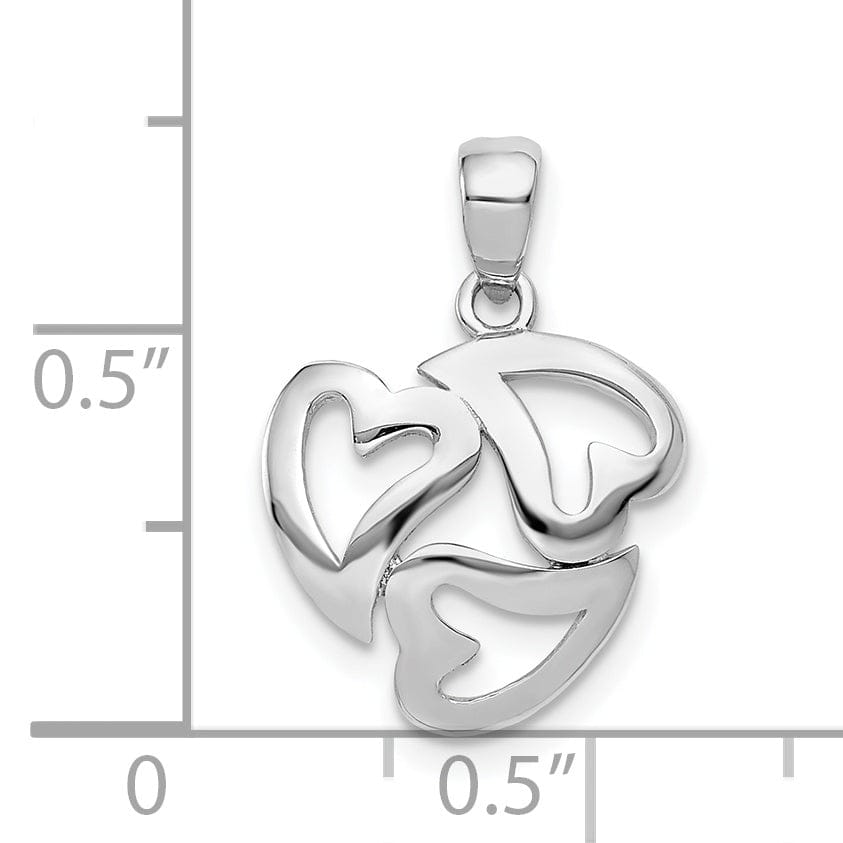 14k White Gold Textured Polished Finish Solid 3-Heart Cut Out Design Charm Pendant