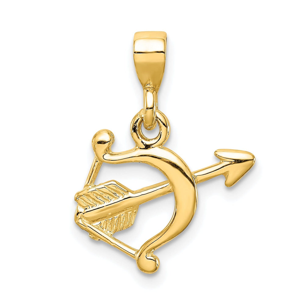 14k Yellow Gold Solid 3-D Bow and Arrow Pendant