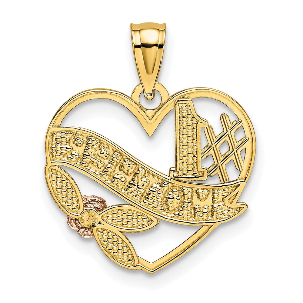 14k Yellow Rose Gold Rhodium D.C Polished Finish #1 Mother in Heart with Rose Design Pendant
