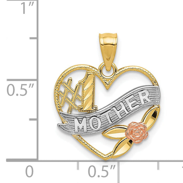 14k Yellow Rose Gold Rhodium D.C Polished Finish #1 Mother in Heart with Rose Design Pendant