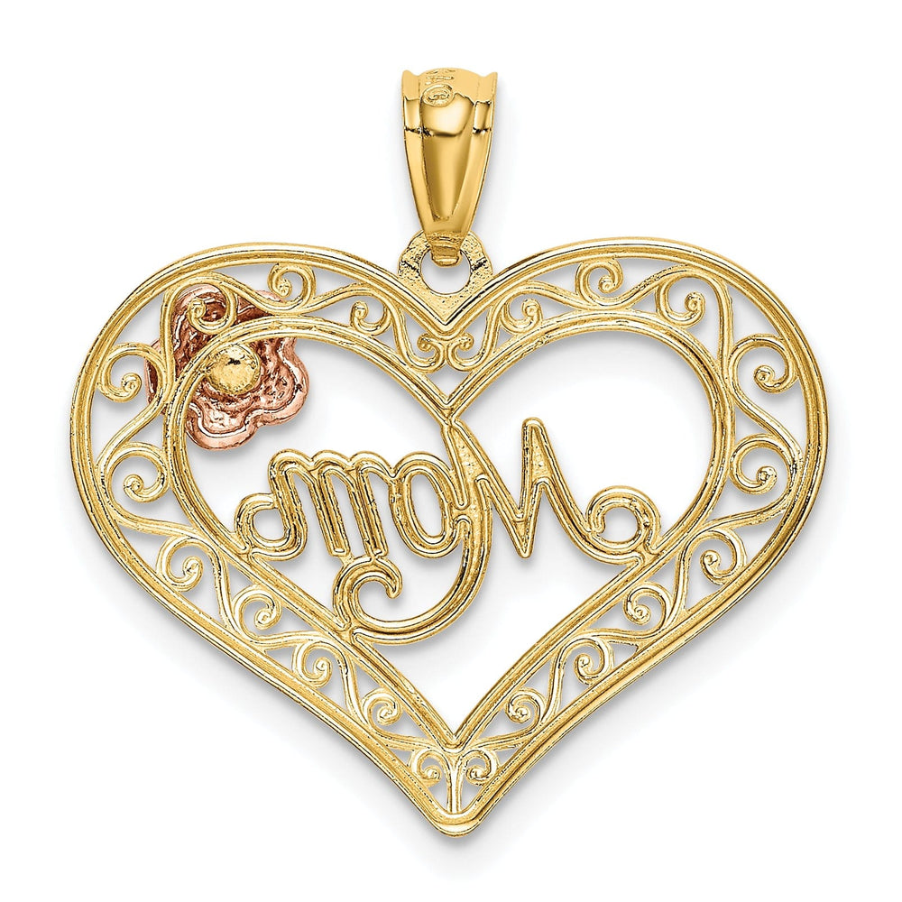 14k Yellow Rose Mom in Heart with Rose Pendant