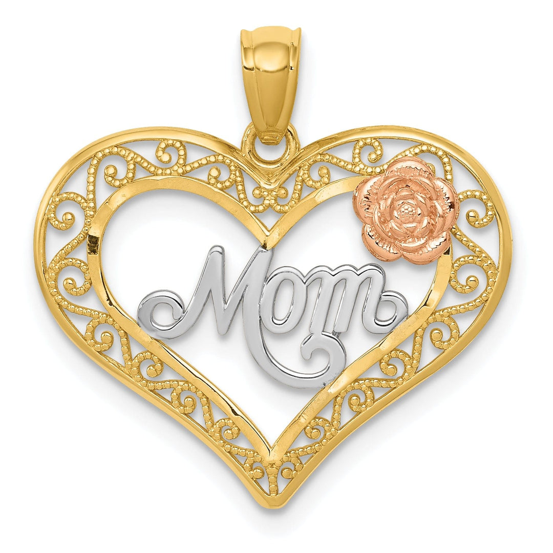 14k Yellow Rose Mom in Heart with Rose Pendant