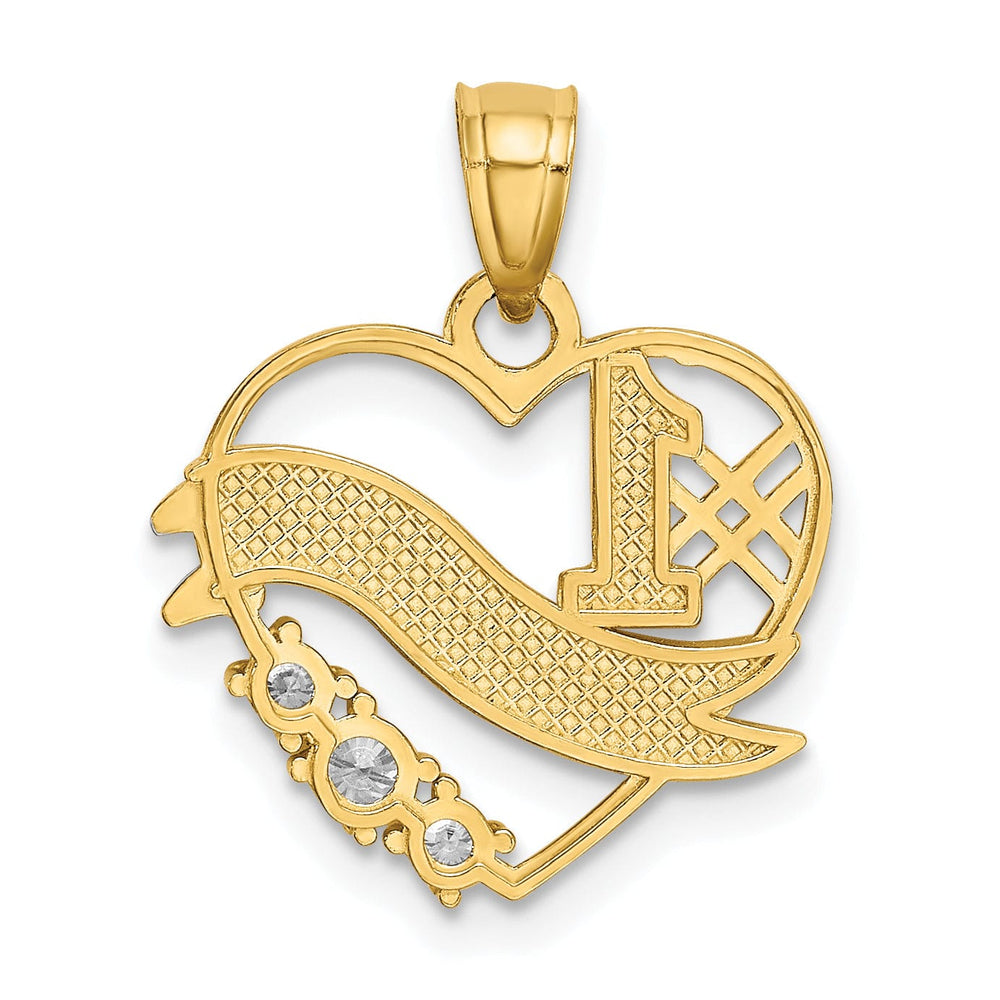 14k Yellow Gold, White Rhodium Solid Polished Finish #1 DAUGHTER Heart Shape with 3-Cubic Zirconia Stones Design Charm Pendant