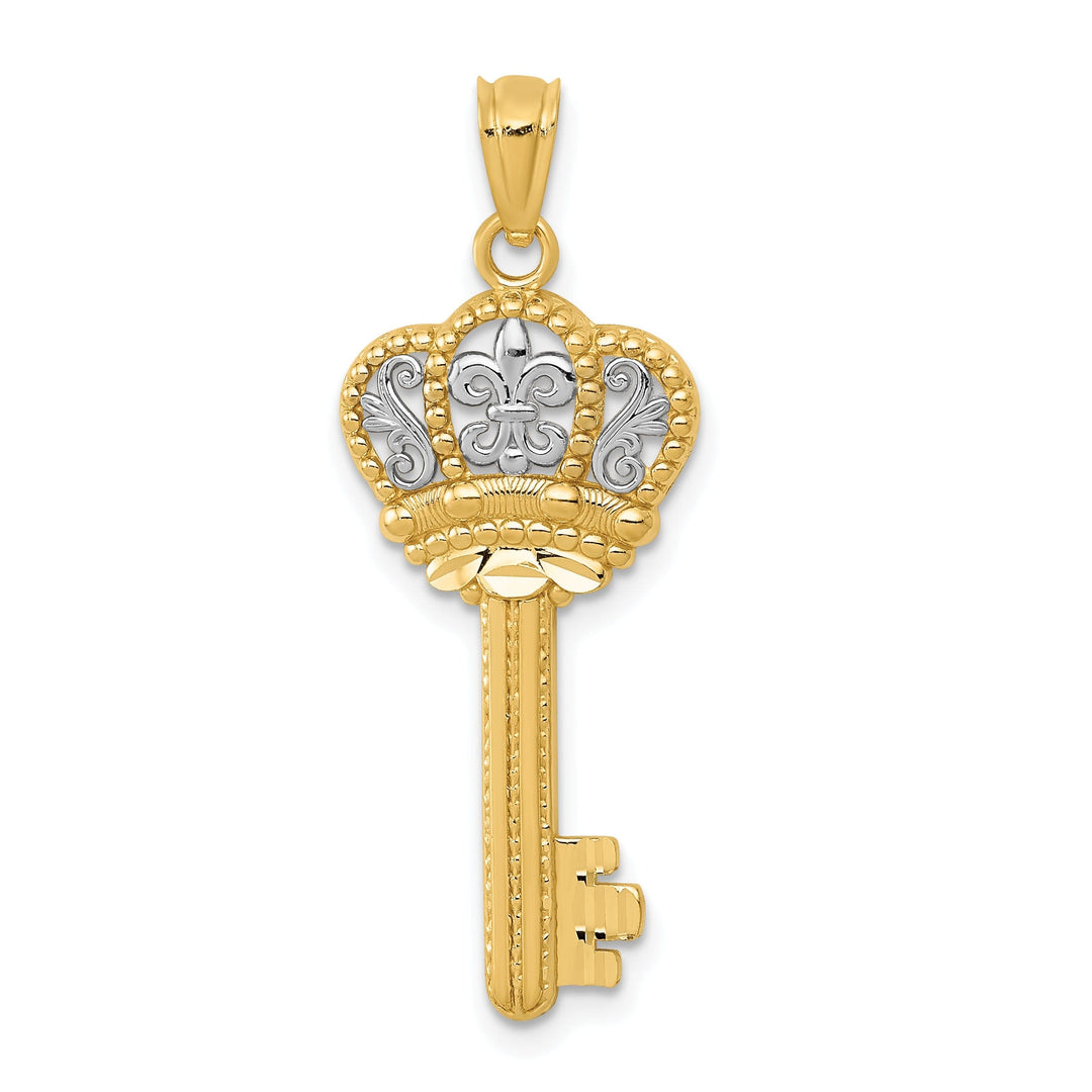14K Yellow Gold Fleur De Lis Crown Design Key Charm Pendant