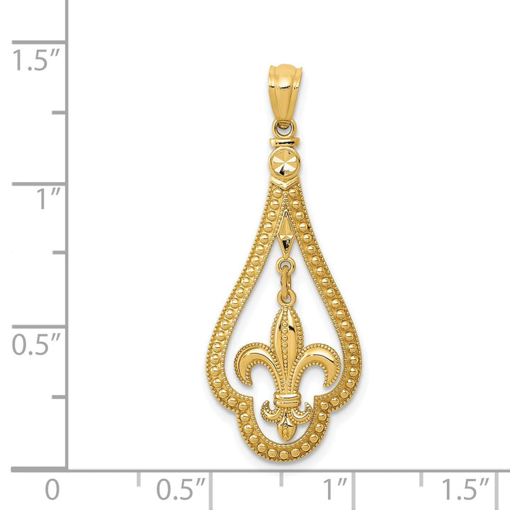 14k Yellow Gold Moveable Polished Diamond Cut Finish Fleur de Lis Dangle Design Charm Pendant