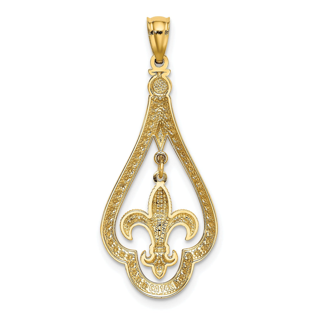 14k Yellow Gold Moveable Polished Diamond Cut Finish Fleur de Lis Dangle Design Charm Pendant