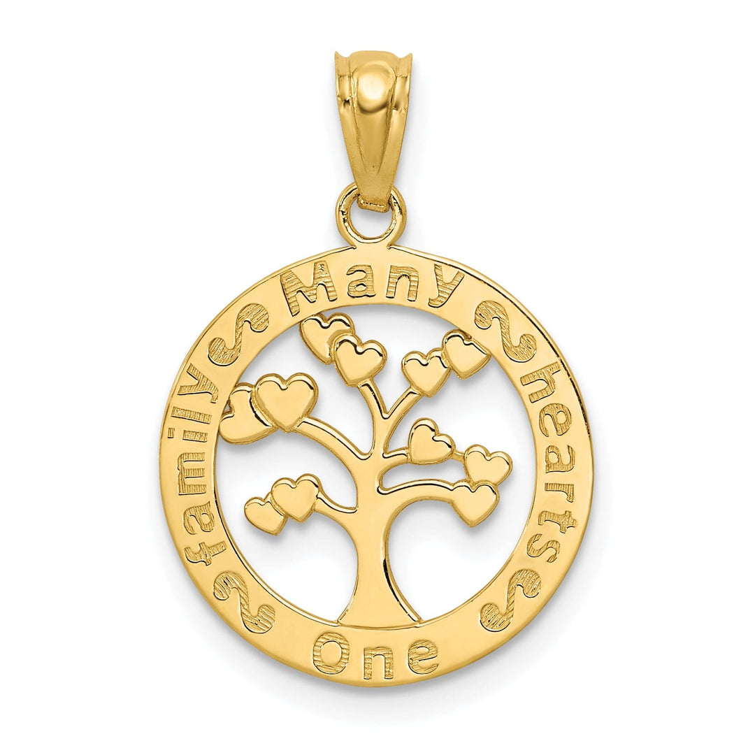 14k Yellow Gold Solid Textured Polished Finish ONE FAMILY MANY HEARTS Tree of Life Charm Pendant