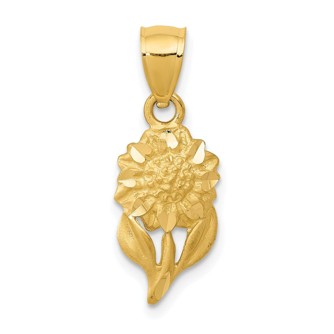 14k Yellow Gold Satin Brushed Finish Casted Open Back Solid Diamond-cut Sunflower Charm Pendant