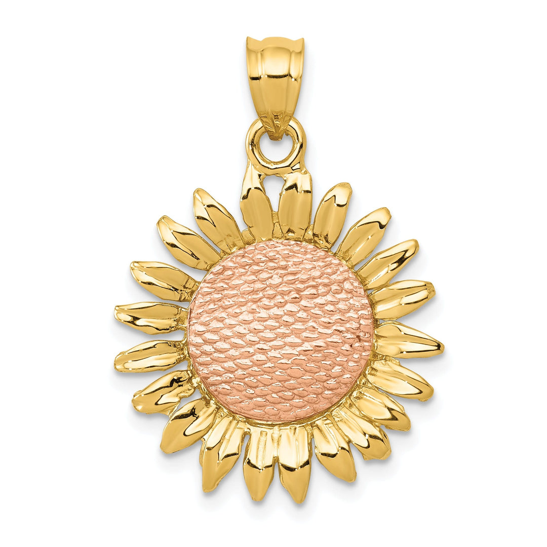 14k Two-tone Gold Casted Open Back Solid Textured Polished Finish Sunflower Charm Pendant