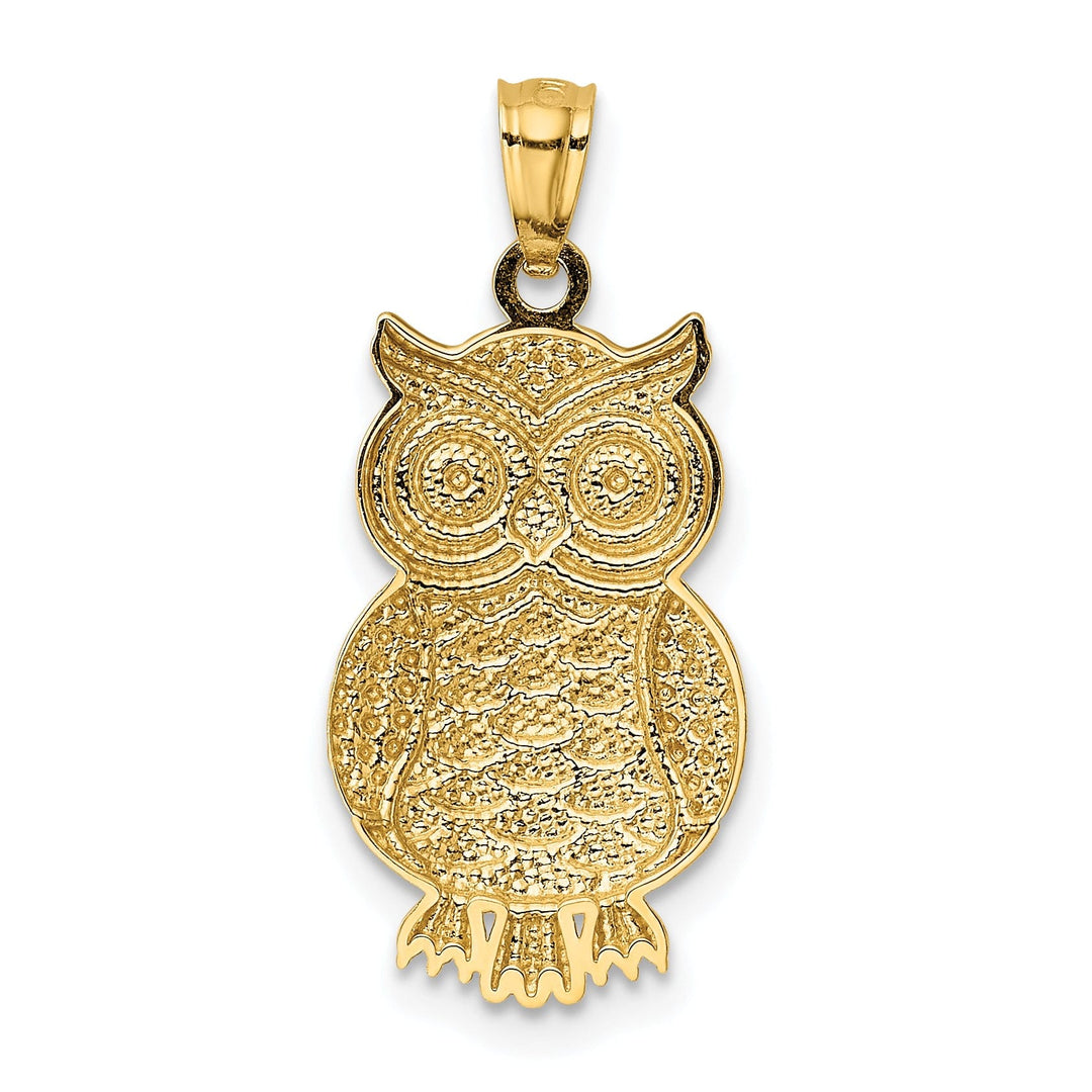 14K Yellow Gold White Rhodium Open Back Solid Polished Textured Finish Owl Charm Pendant