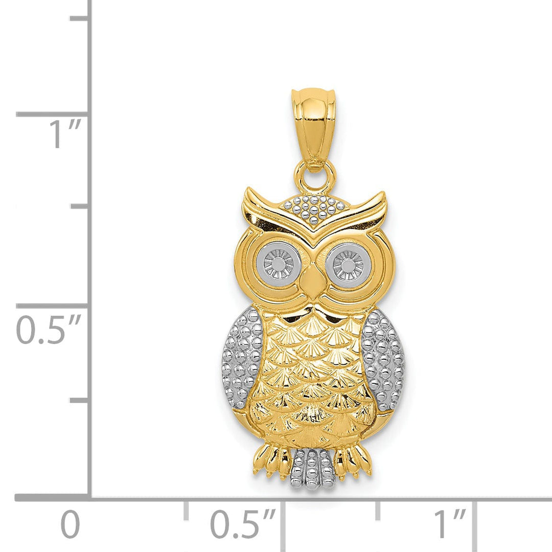 14K Yellow Gold White Rhodium Open Back Solid Polished Textured Finish Owl Charm Pendant