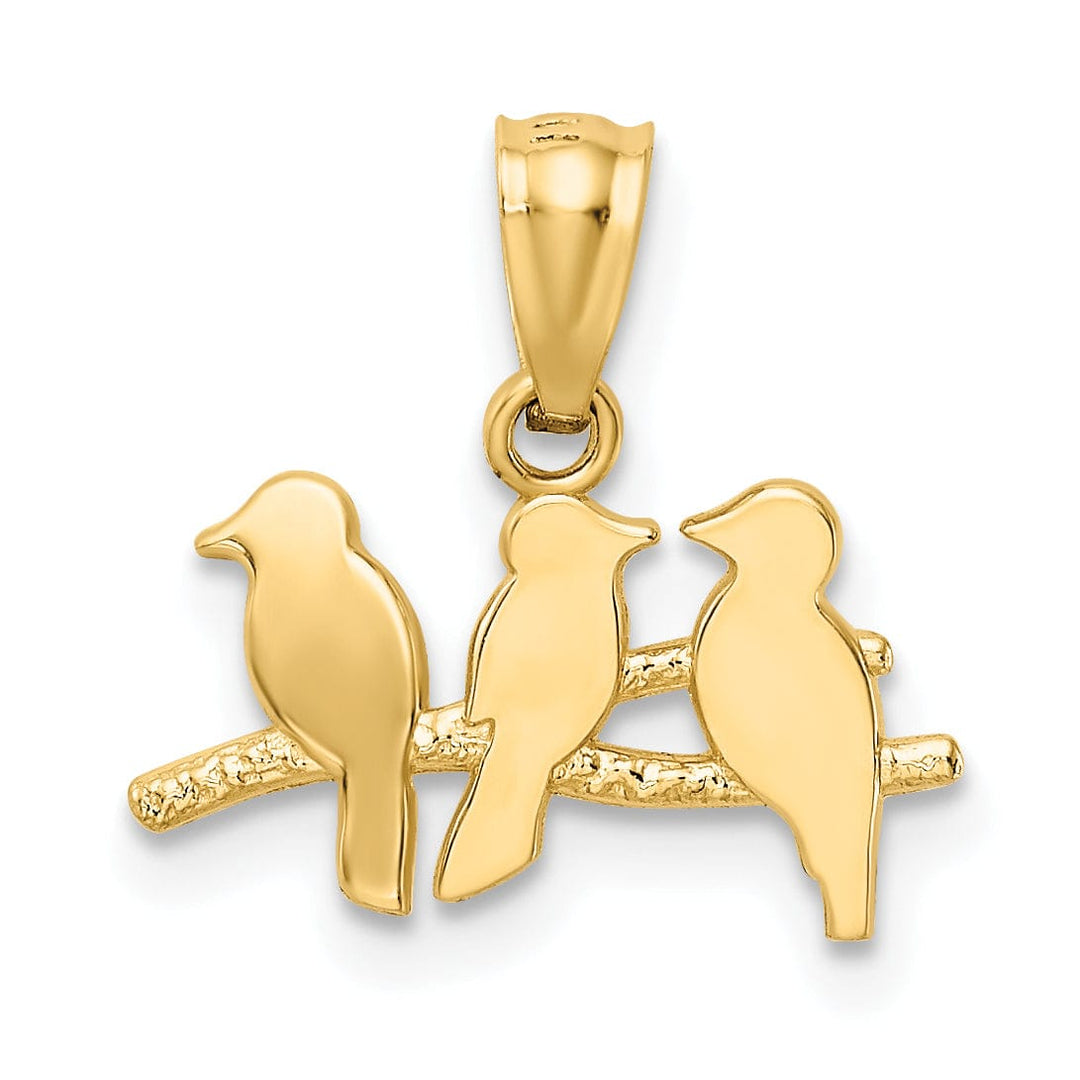14k Yellow Gold Solid Textured Polished Open Back Three Birds on a Branch Charm Pendant