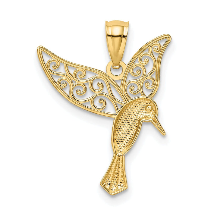 14k Yellow Gold White Rhodium Solid Open Back Polished Polished Finish Flying Hummingbird with Filigree Design Wings Charm Pendant