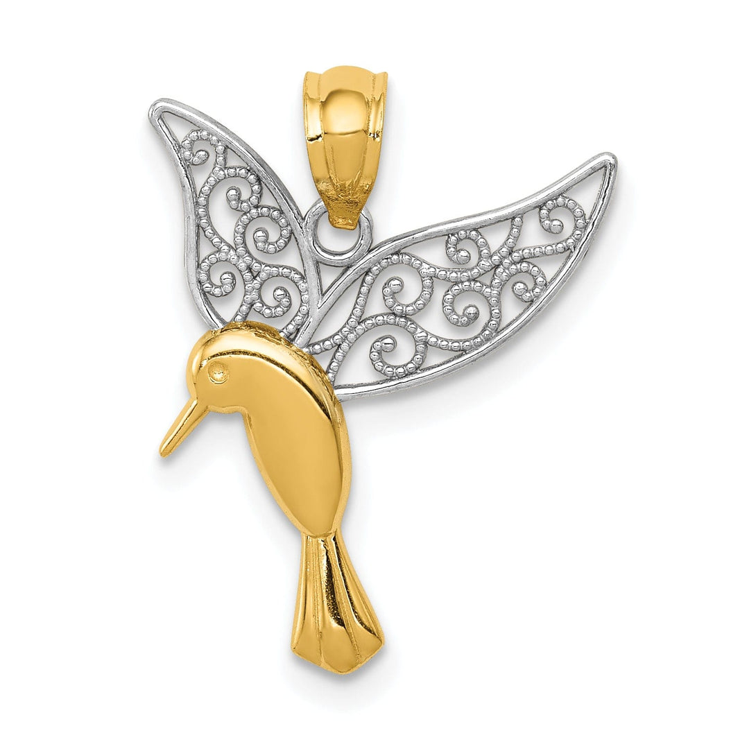 14k Yellow Gold White Rhodium Solid Open Back Polished Polished Finish Flying Hummingbird with Filigree Design Wings Charm Pendant