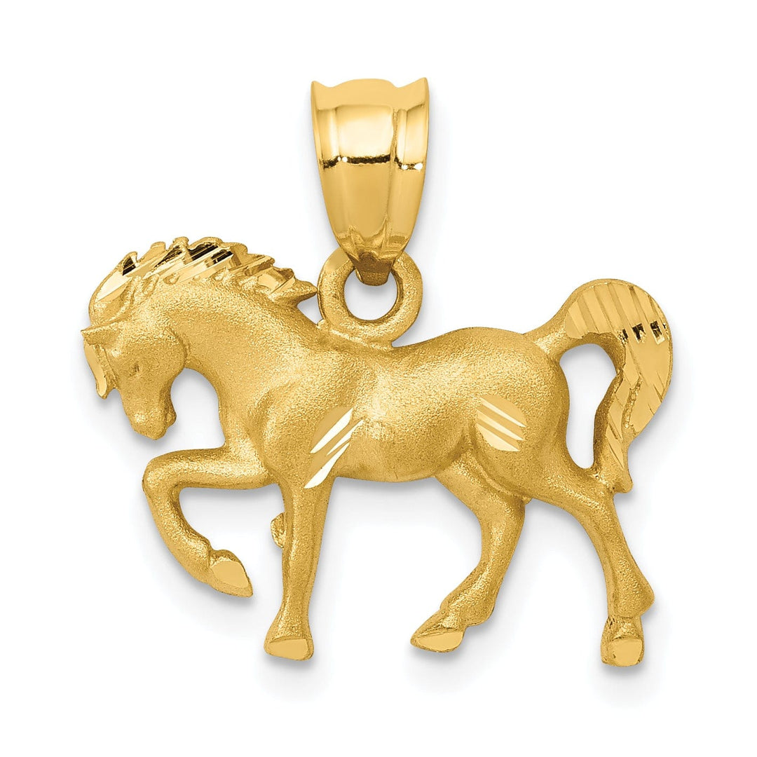 14k Yellow Gold Solid Textured Back Diamond Cut and Brushed Finish Horse Design Charm Pendant