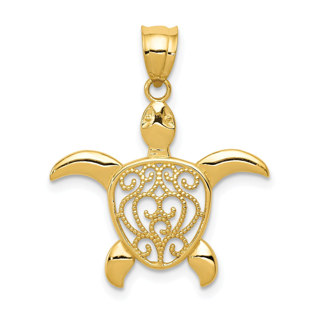 14k Yellow Gold Open Back Solid Casted Polished Finish Filigree Sea Turtle Charm Pendant