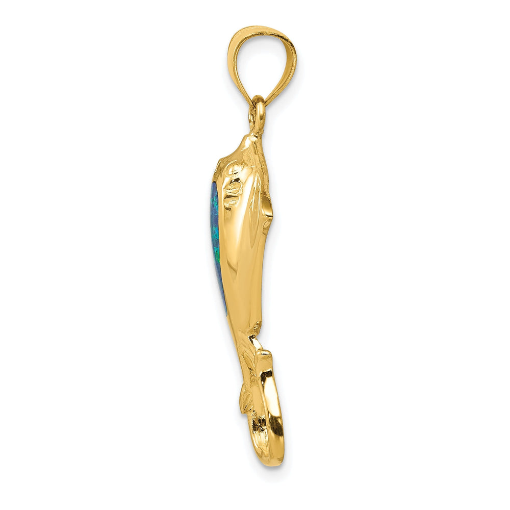 14k Yellow Gold Casted Solid Open Back Polished Finish Created Blue Opal Stingray Charm Pendant