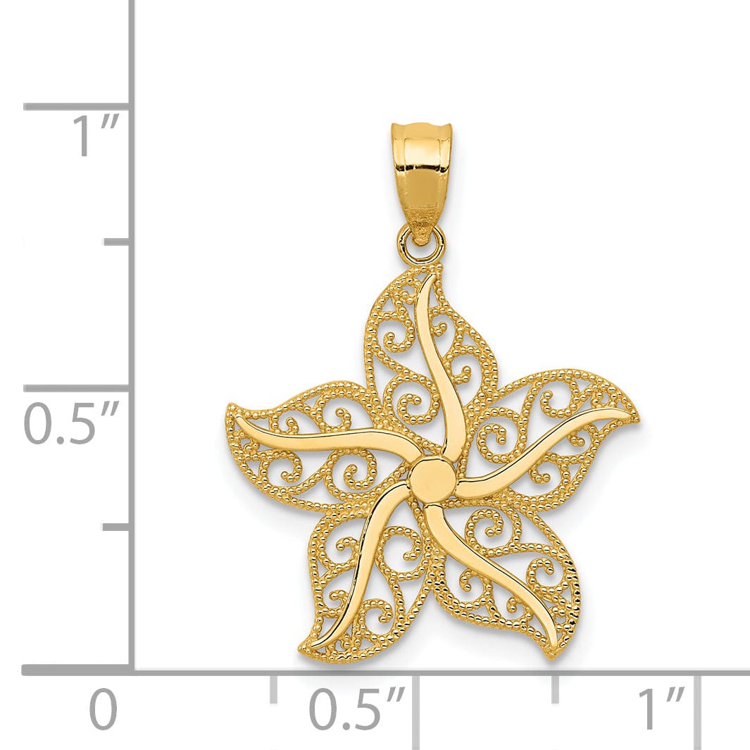 14k Yellow Gold Solid Textured Polished Finish With Filigree Design Starfish Charm Pendant