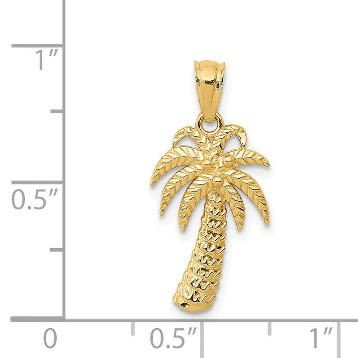 14k Yellow Gold Textured Polished Finish Open Back Solid Palm Tree Charm Pendant