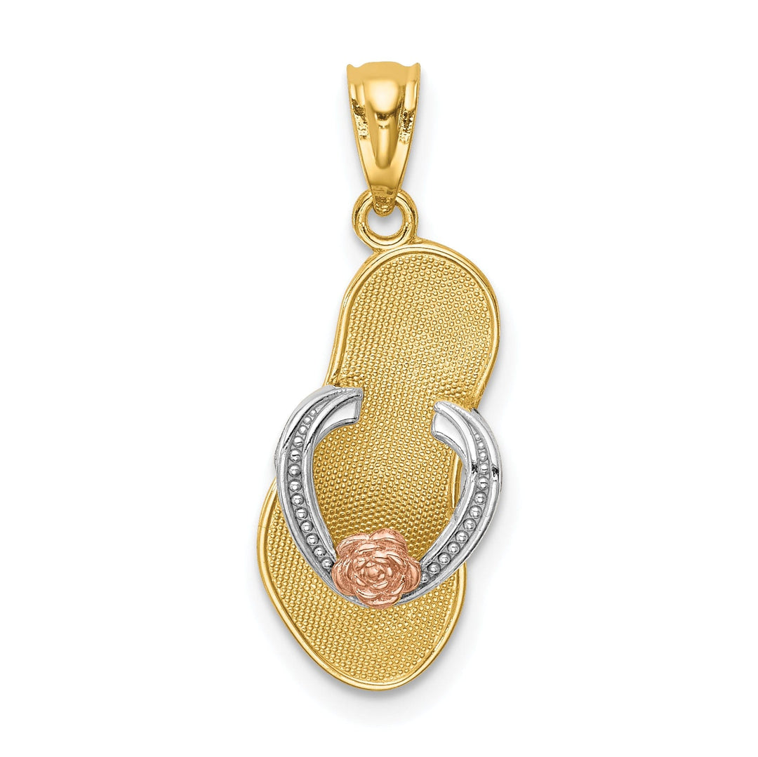 14K Yellow Rose Gold, White Rhodium Solid Textured Polished Finish Single Sandal with Flower Design Charm Pendant