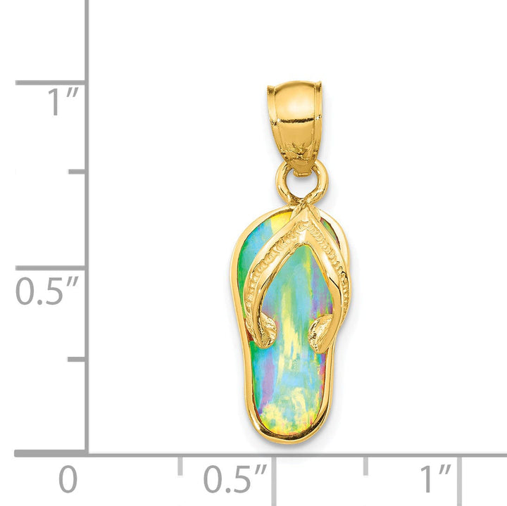 14k Yellow Gold Solid Texture Polished Finish with Created White Opal 3-Dimensional Flip Flop Sandle Charm Pendant