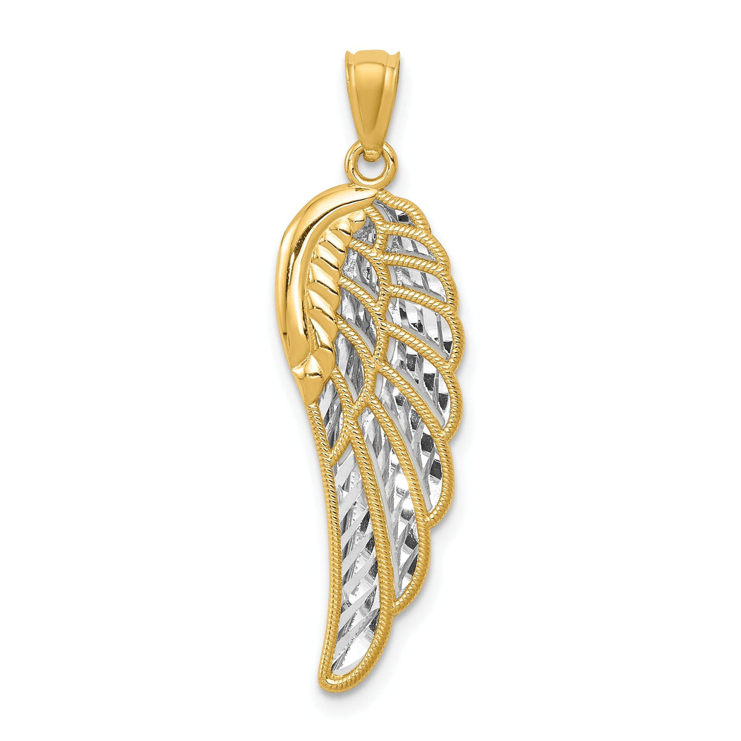14K Yellow Gold Rhodium Polished D.C 3-D Two Level Angel Wing Pendant