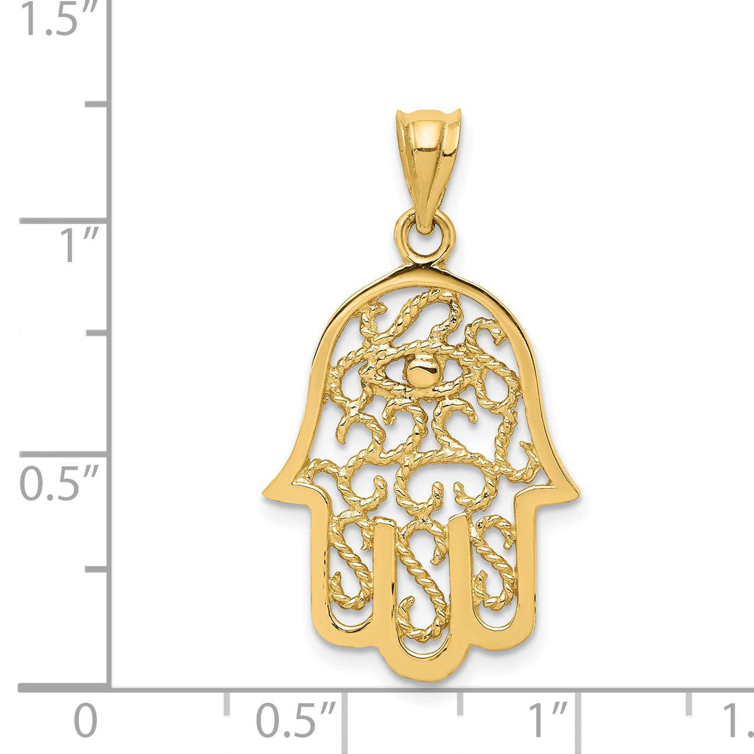 14k Yellow Gold Polish Texture Finish Solid 3-D Filigree Hamsa Pendant