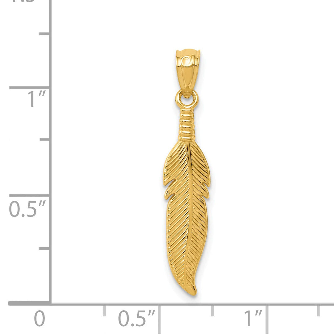 14k Yellow Gold Unisex Solid Textured Polished Finish Feather Design Charm Pendant