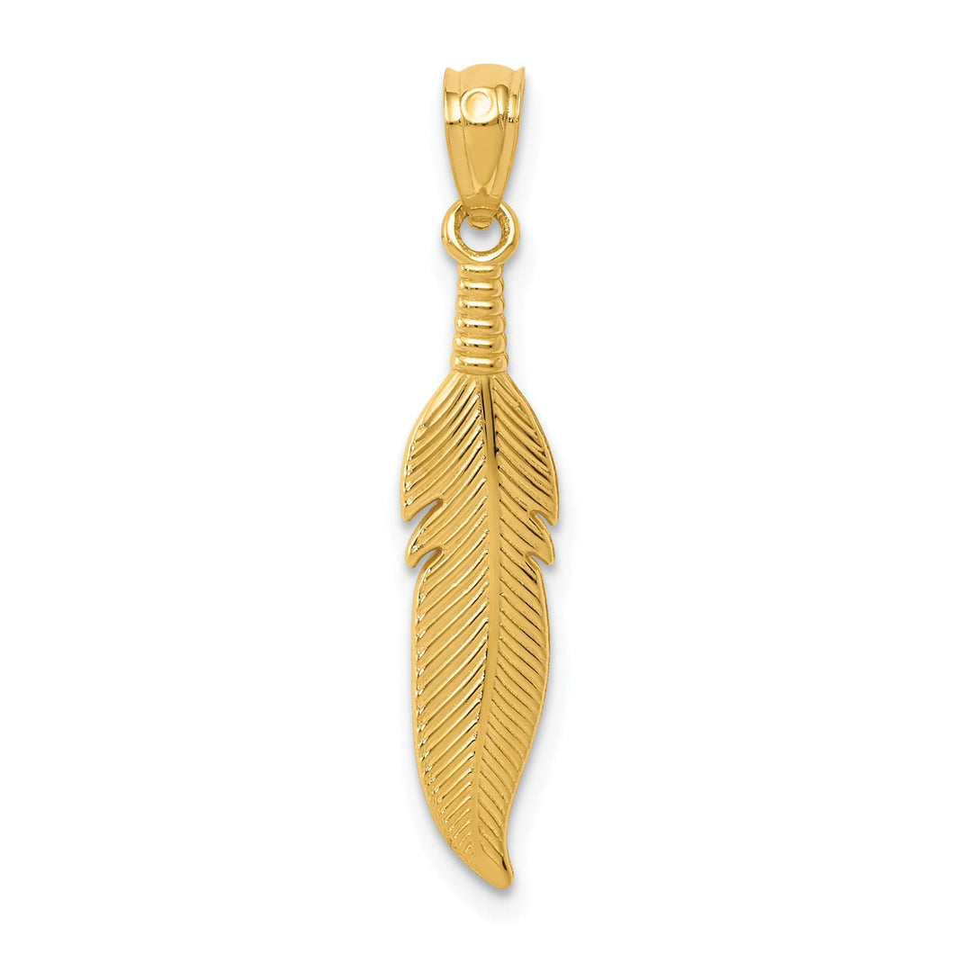 14k Yellow Gold Unisex Solid Textured Polished Finish Feather Design Charm Pendant