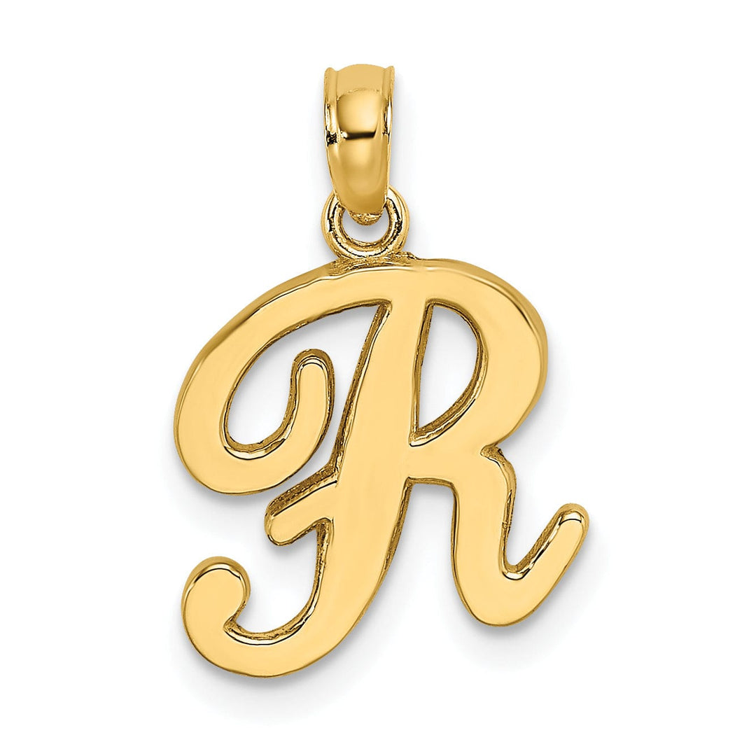 14K Yellow Gold Fancy Script Design Letter R Initial Charm Pendant