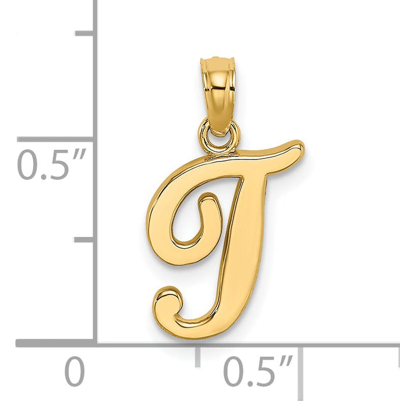 14K Yellow Gold Fancy Script Design Letter T Initial Charm Pendant